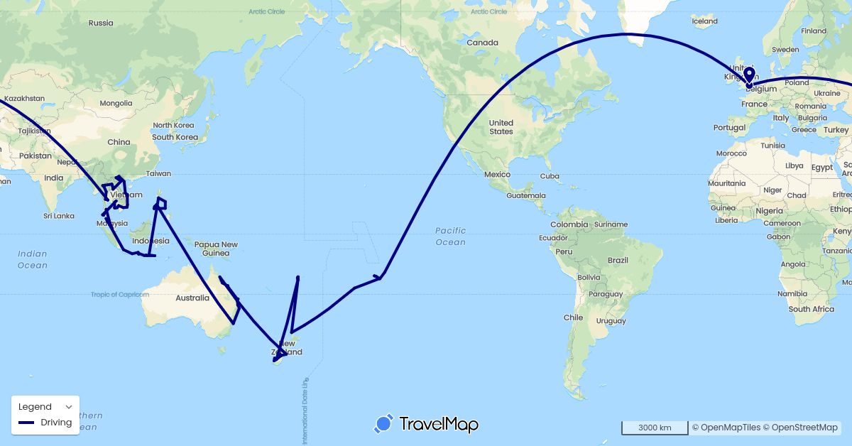 TravelMap itinerary: driving in Australia, Cook Islands, Fiji, France, United Kingdom, Indonesia, Cambodia, Laos, Malaysia, New Zealand, Philippines, Thailand, Vietnam (Asia, Europe, Oceania)
